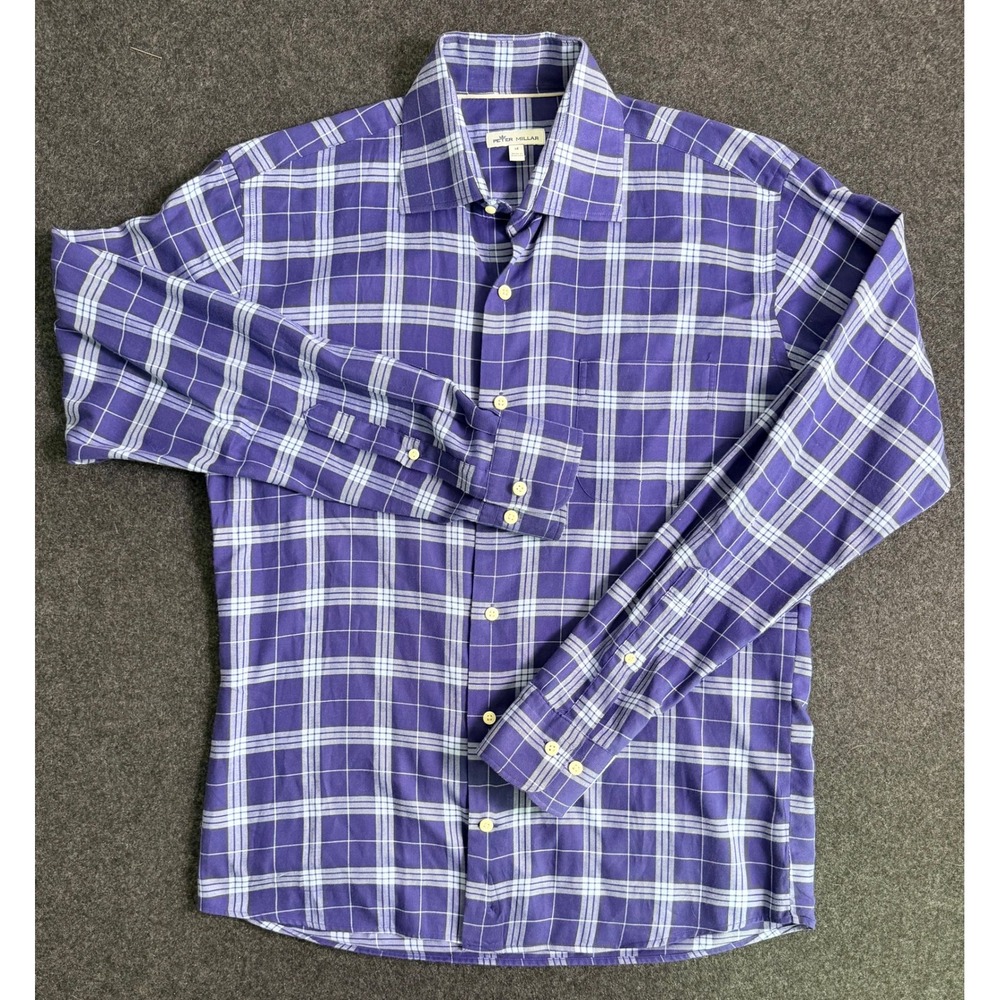 Peter Millar Mens Medium Blue Plaid Long Sleeve Button Down Shirt Soft Preppy